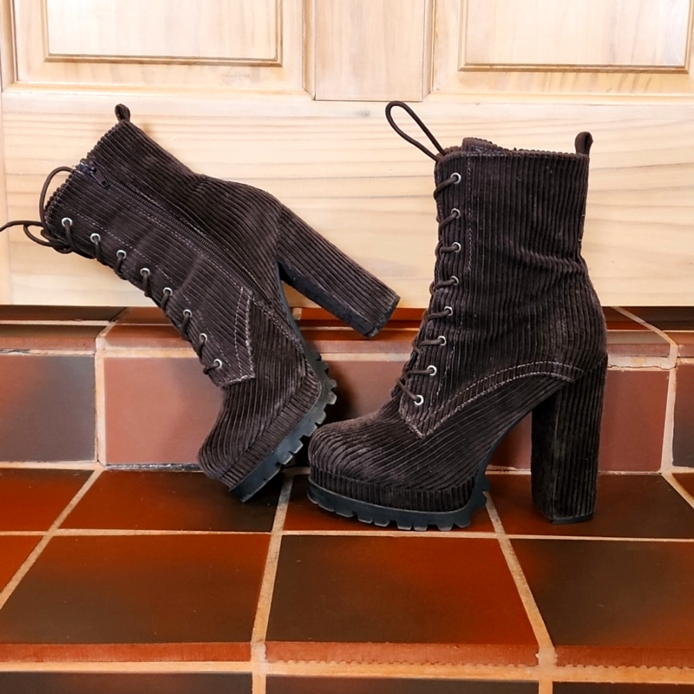 Brown corduroy platform booties